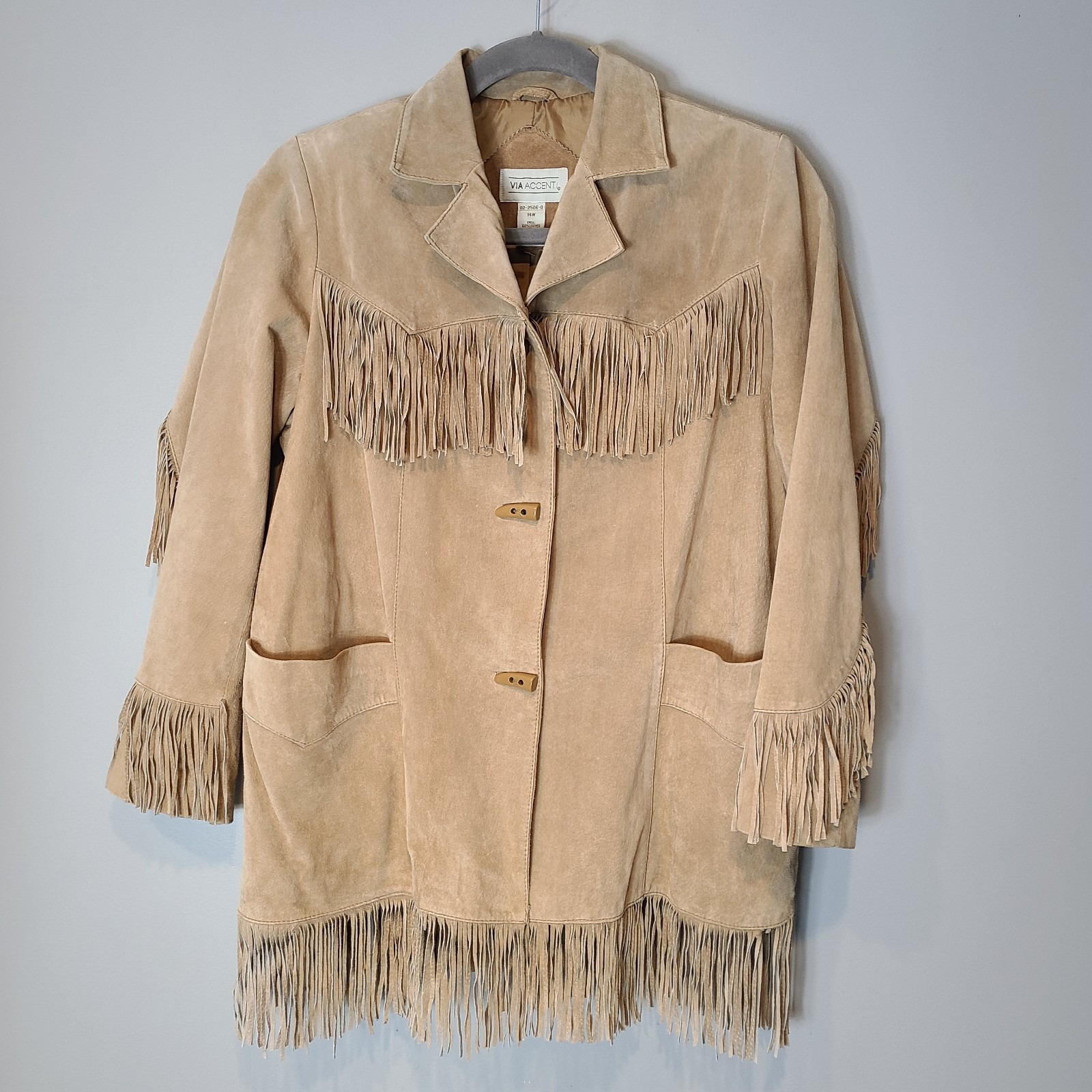 Via Accenti 14w Genuine Leather Fringe Coat Western Cowgirl Boho Tan Festival